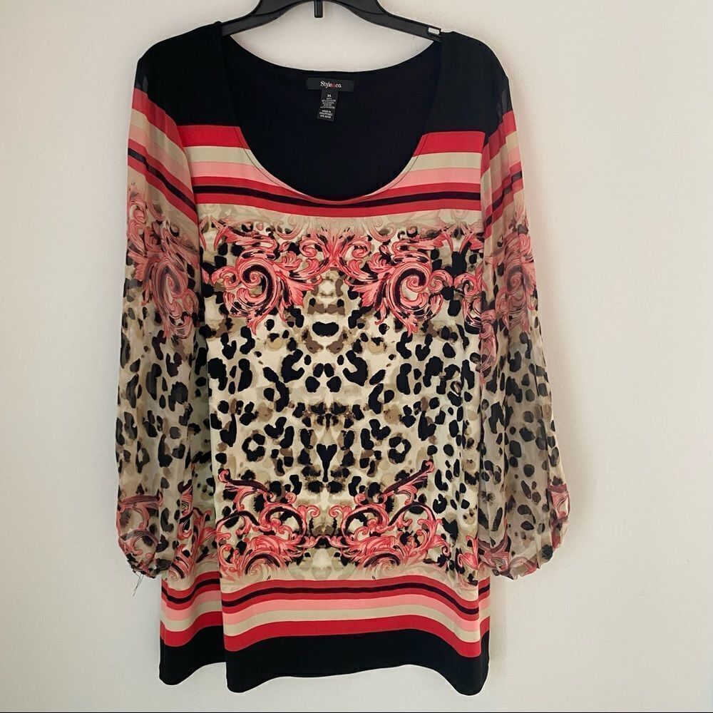 Style & Co. Women’s Bishop Sleeve Scoop Neck Animal Print Floral Tunic